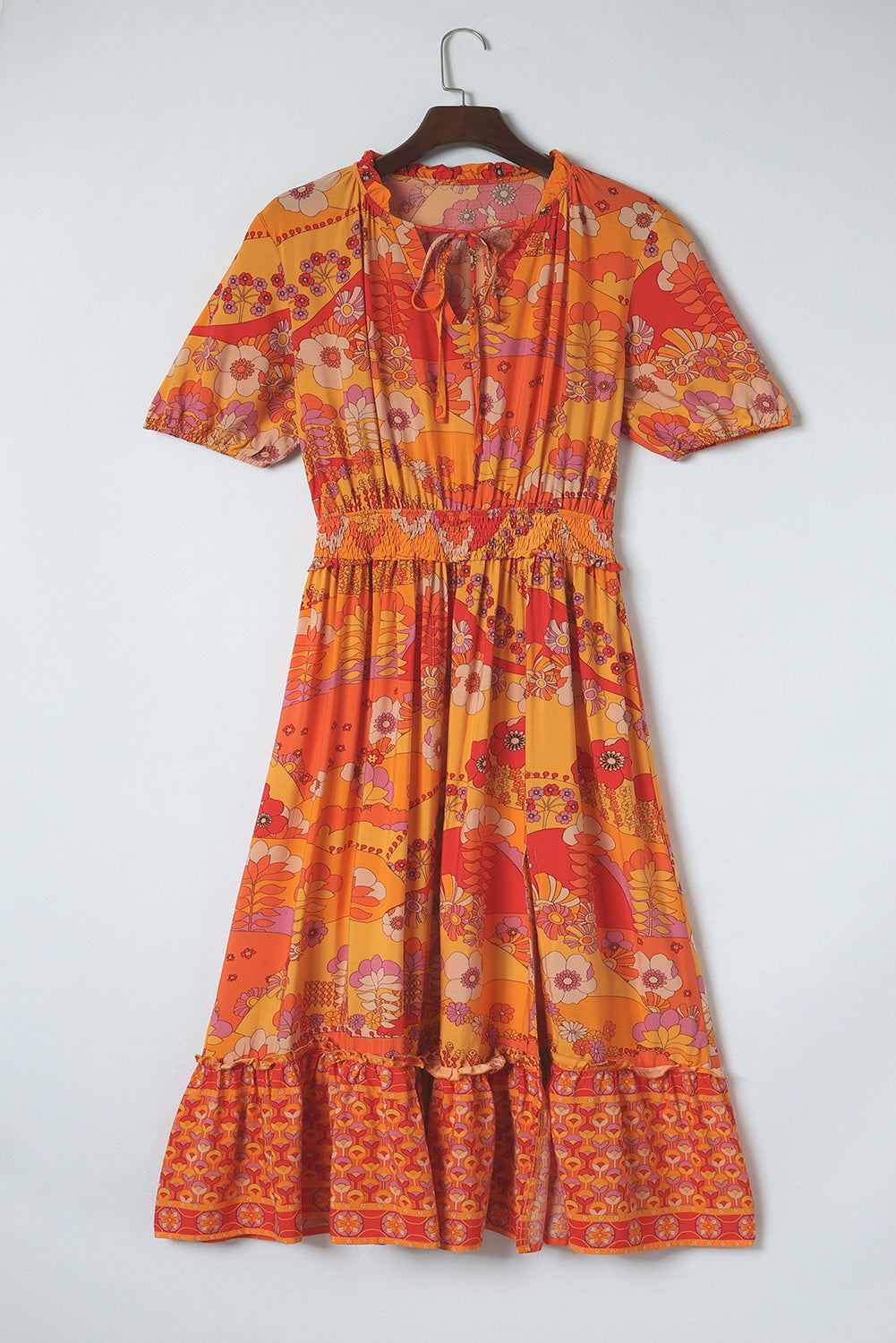 Orange Boho Floral Smocked Waist Maxi Dress with Slit