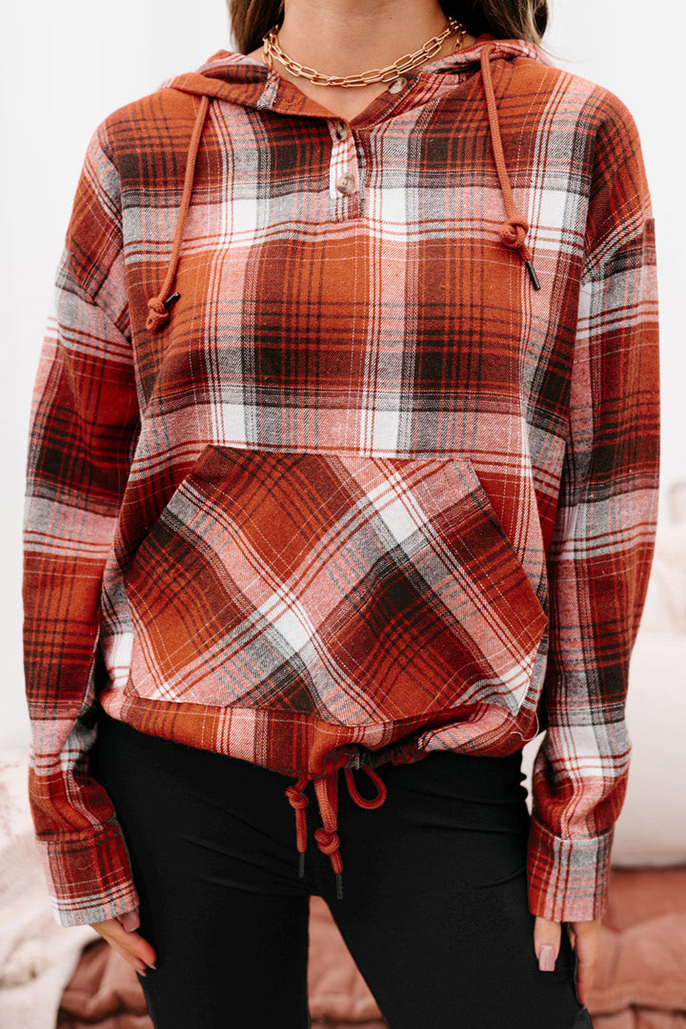 Orange Plaid Print Pocketed Hoodie