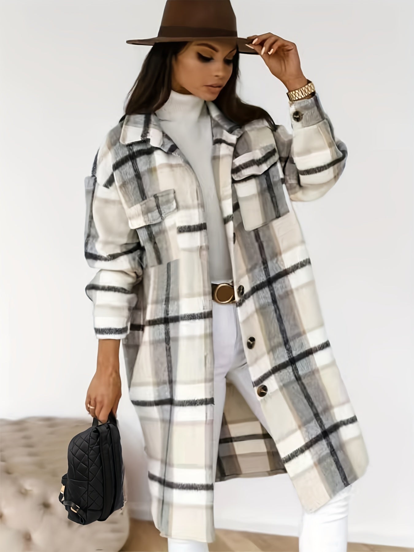 Plus Size Casual Coat, Women's Plus Plaid Print Long Sleeve Lapel Collar Button Up Shacket Jacket