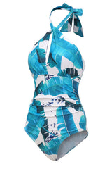 Blue Halter Printed Swimwear with Keyhole