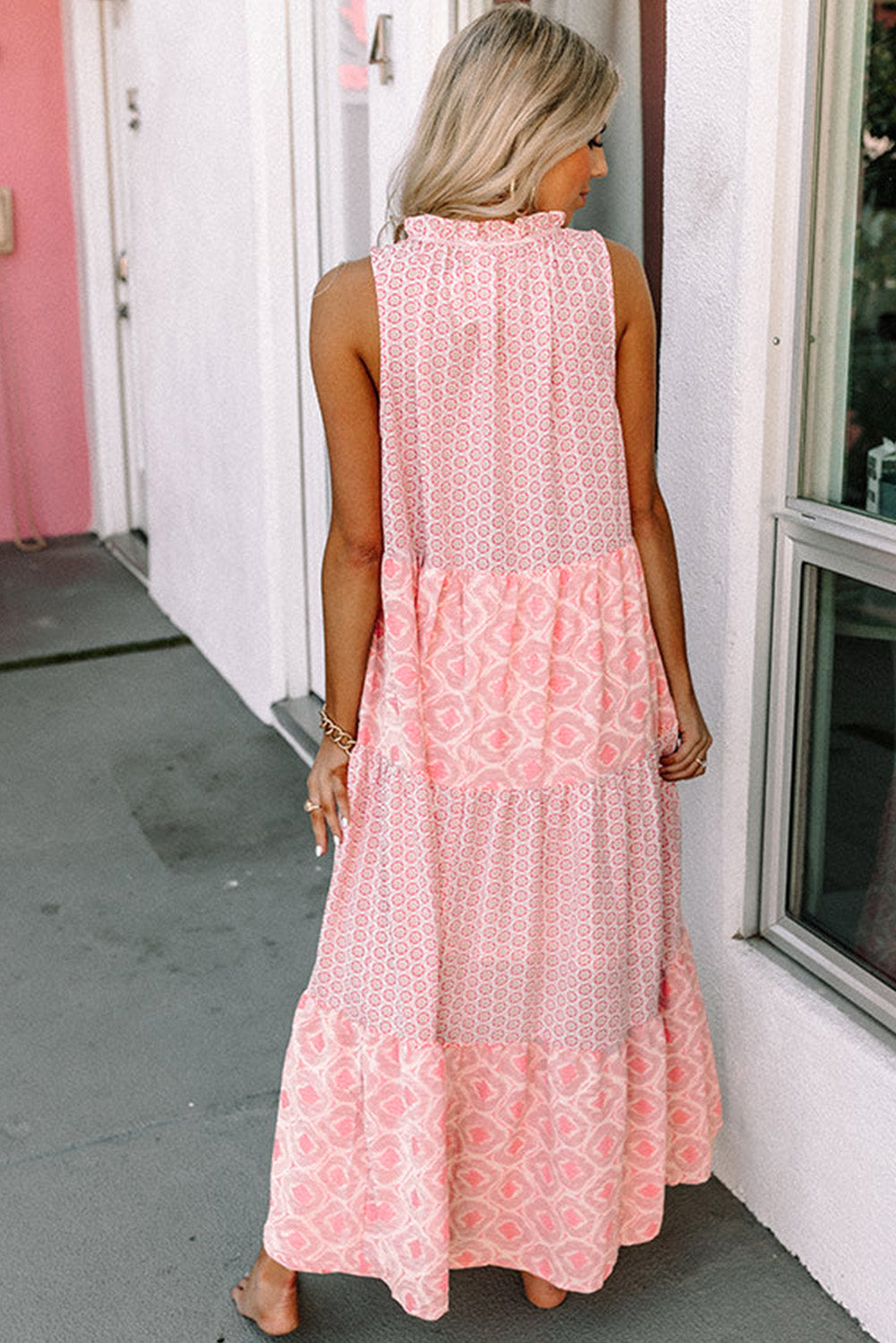 Pink Abstract Print Split Neck Sleeveless Maxi Dress