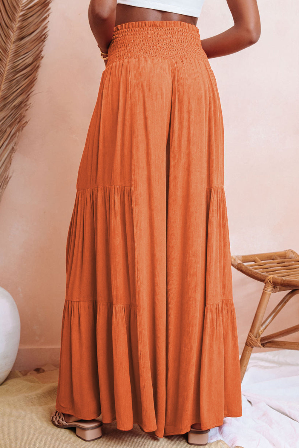 Orange Smocked Waist Tiered Wide Leg Pants