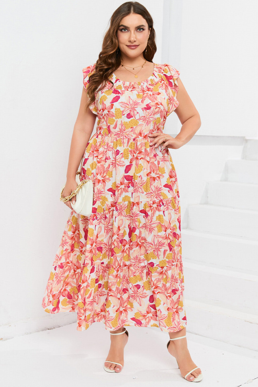 Orange Floral Print Shirred Ruffled Sleeveless Plus Size Dress