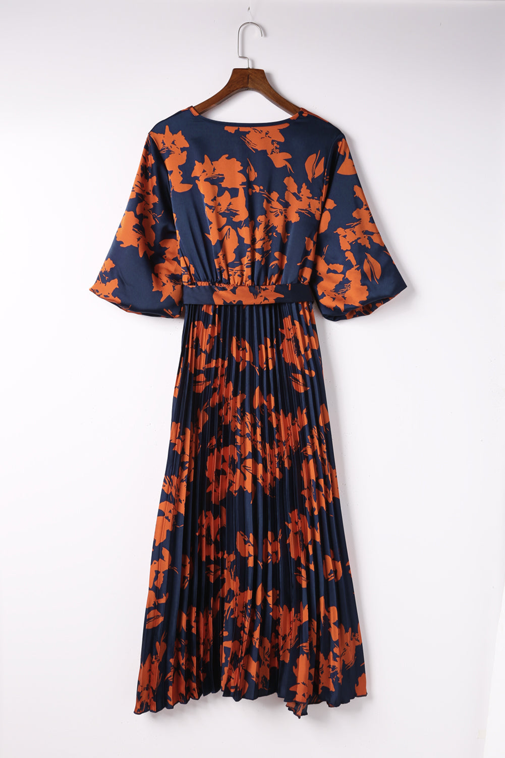 Orange V Neck Wrap Pleated Maxi Floral Dress with Tie