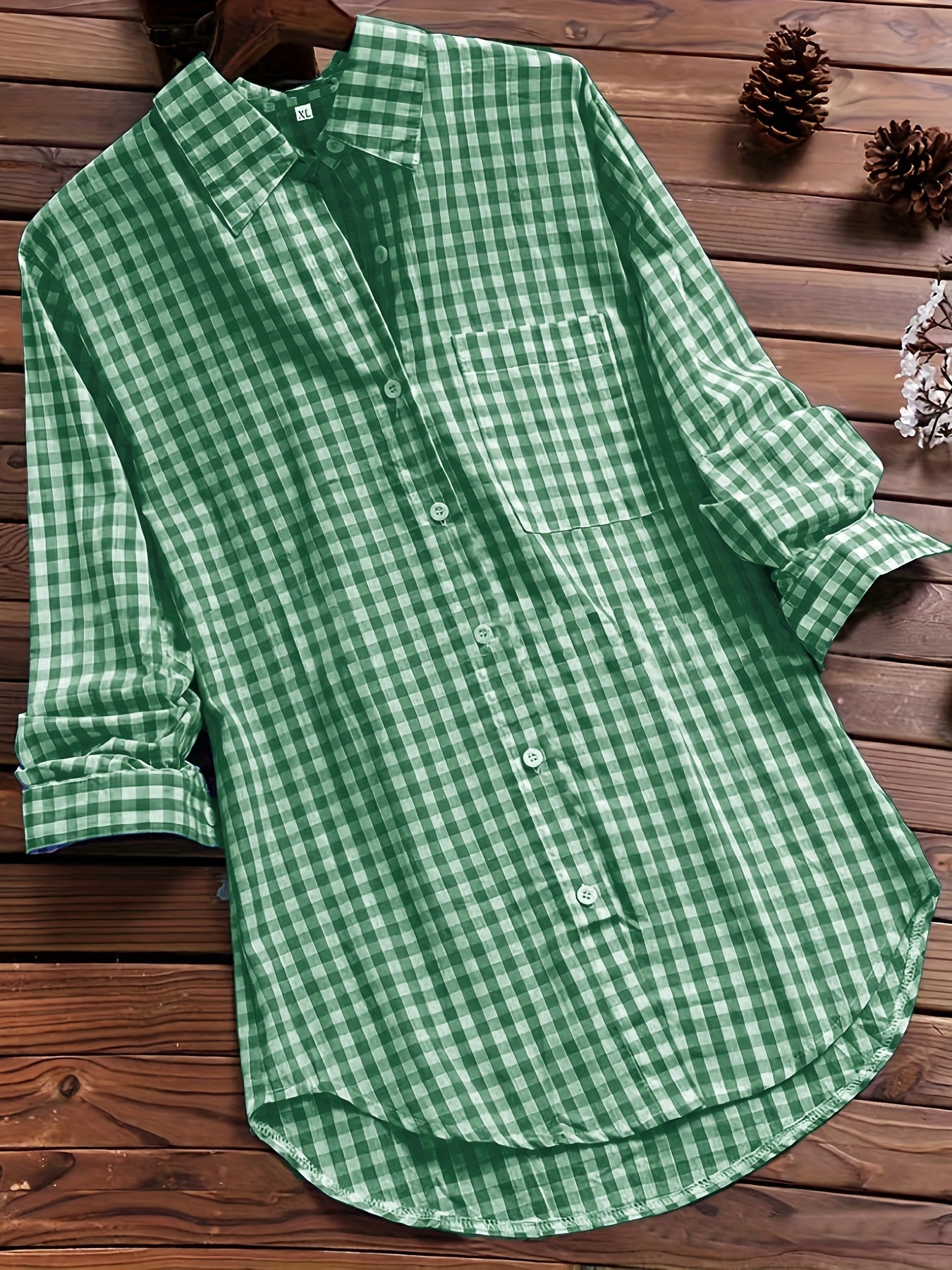 Plus Size Casual Blouse, Women's Plus Gingham Print Turn Down Collar Long Sleeve Shirt