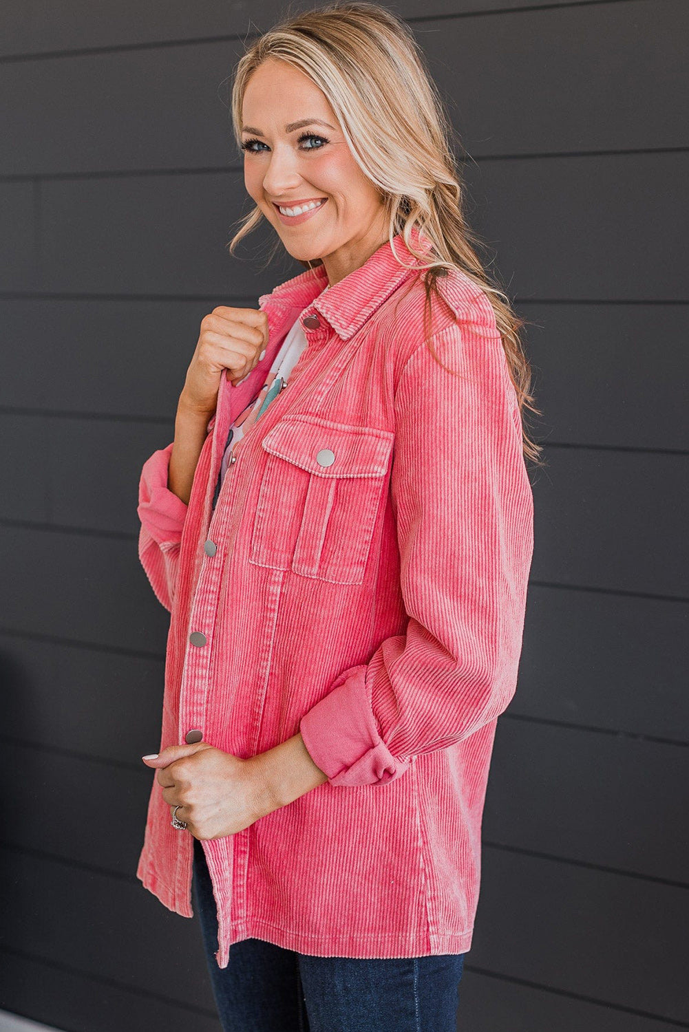 Pink Buttoned Flap Pocket Corduroy Jacket