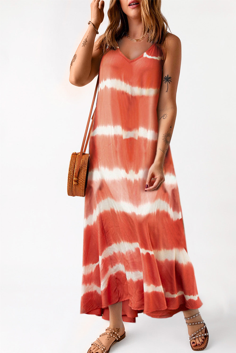 Orange Tie Dye Striped Spaghetti Straps Maxi Dress