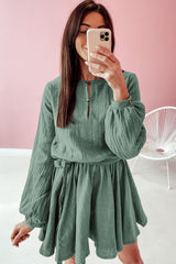 Pickle Green Button Neck Puff Sleeve Belted Pleated Mini Dress