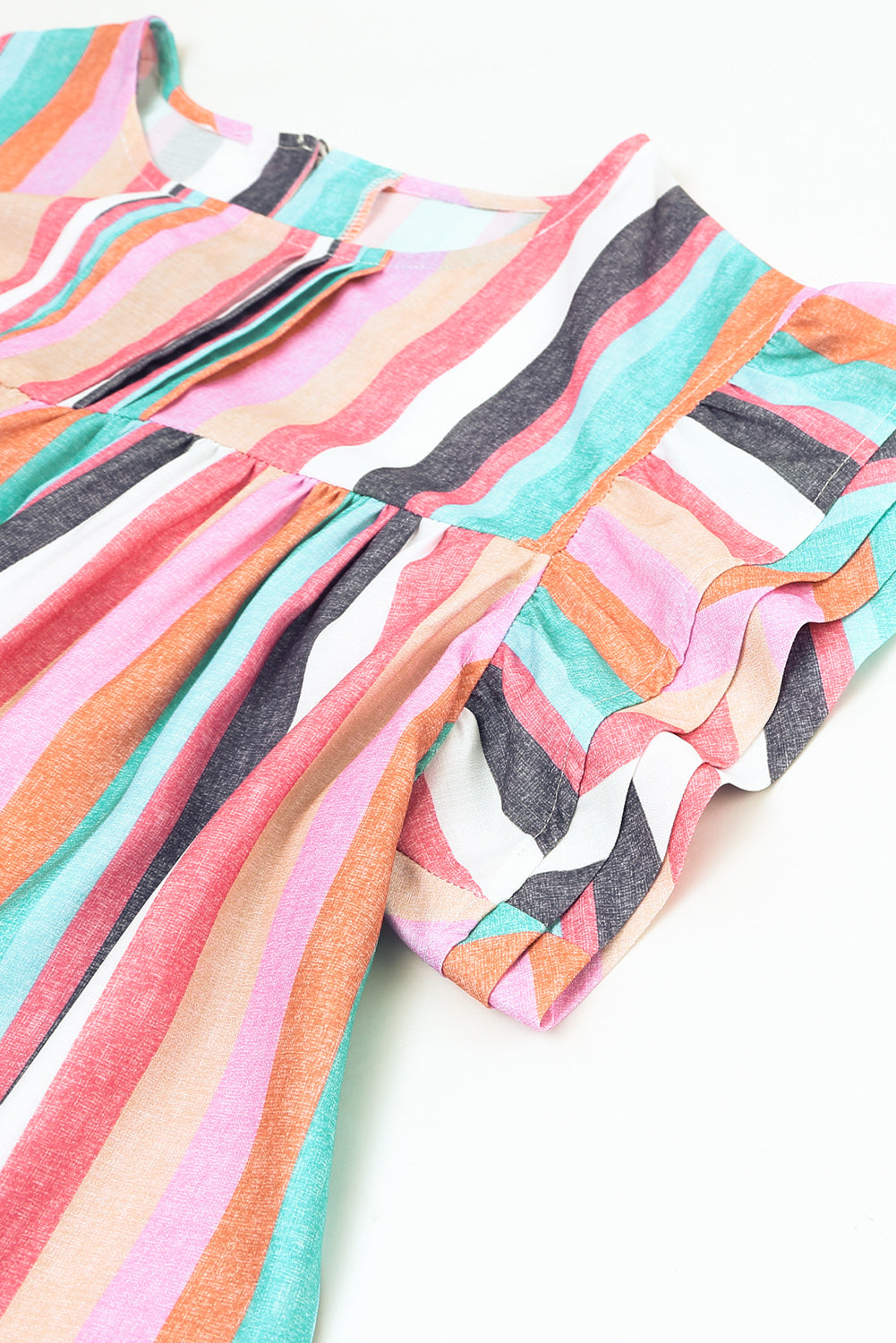 Pink Striped Button Sweetheart Flutter Sleeve Dress