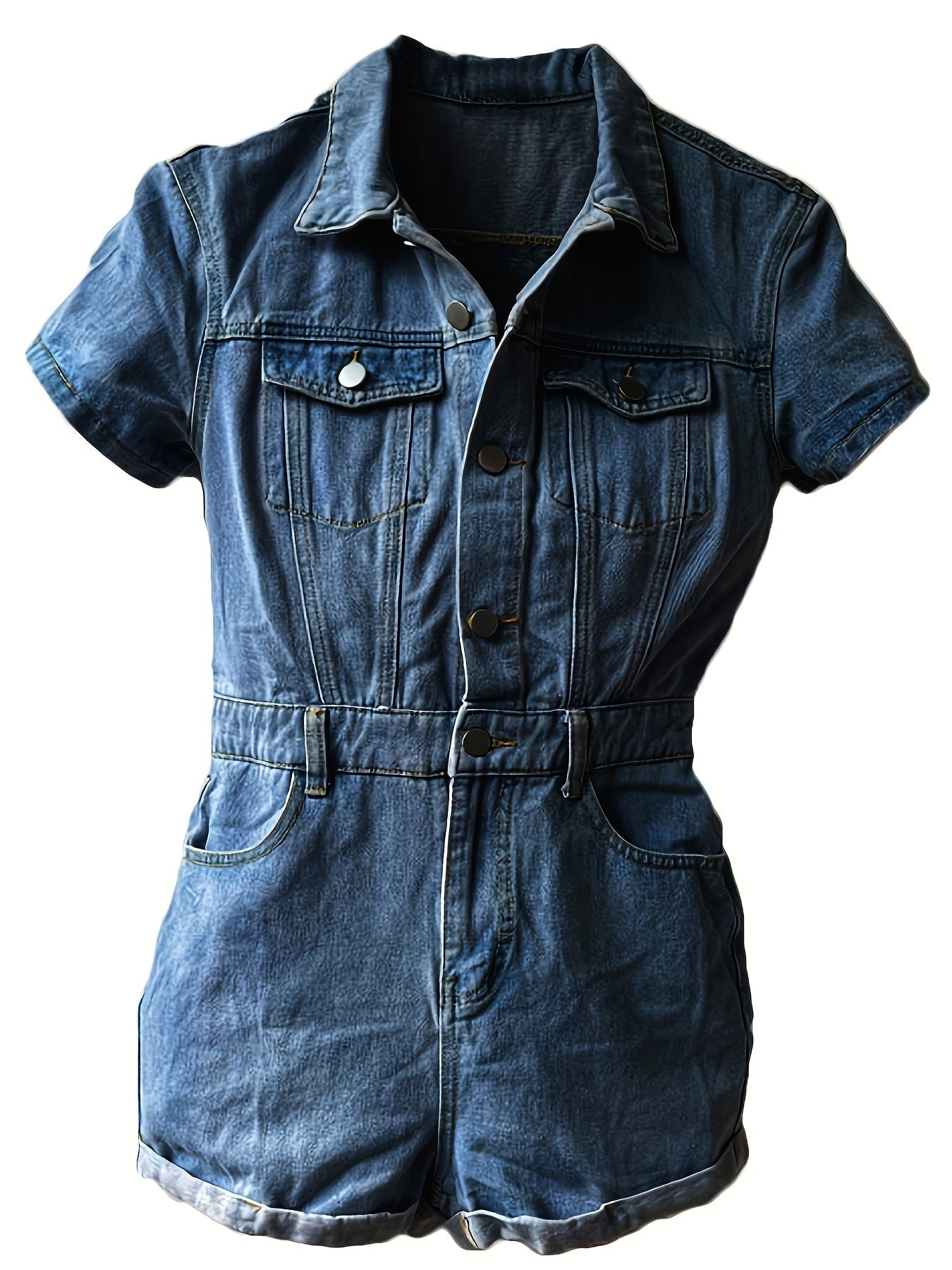 Retro Short Sleeve Roll-Up Hem Button Pocket Denim Jumpsuit