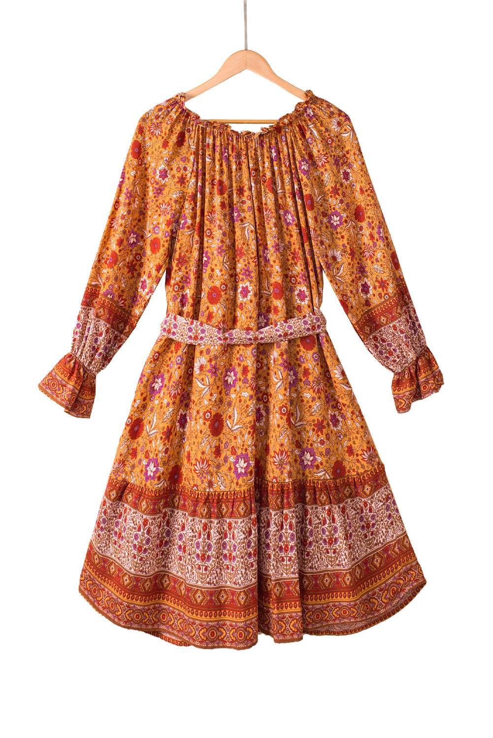 Orange Floral Print Drawstring Long Sleeve Mini Dress