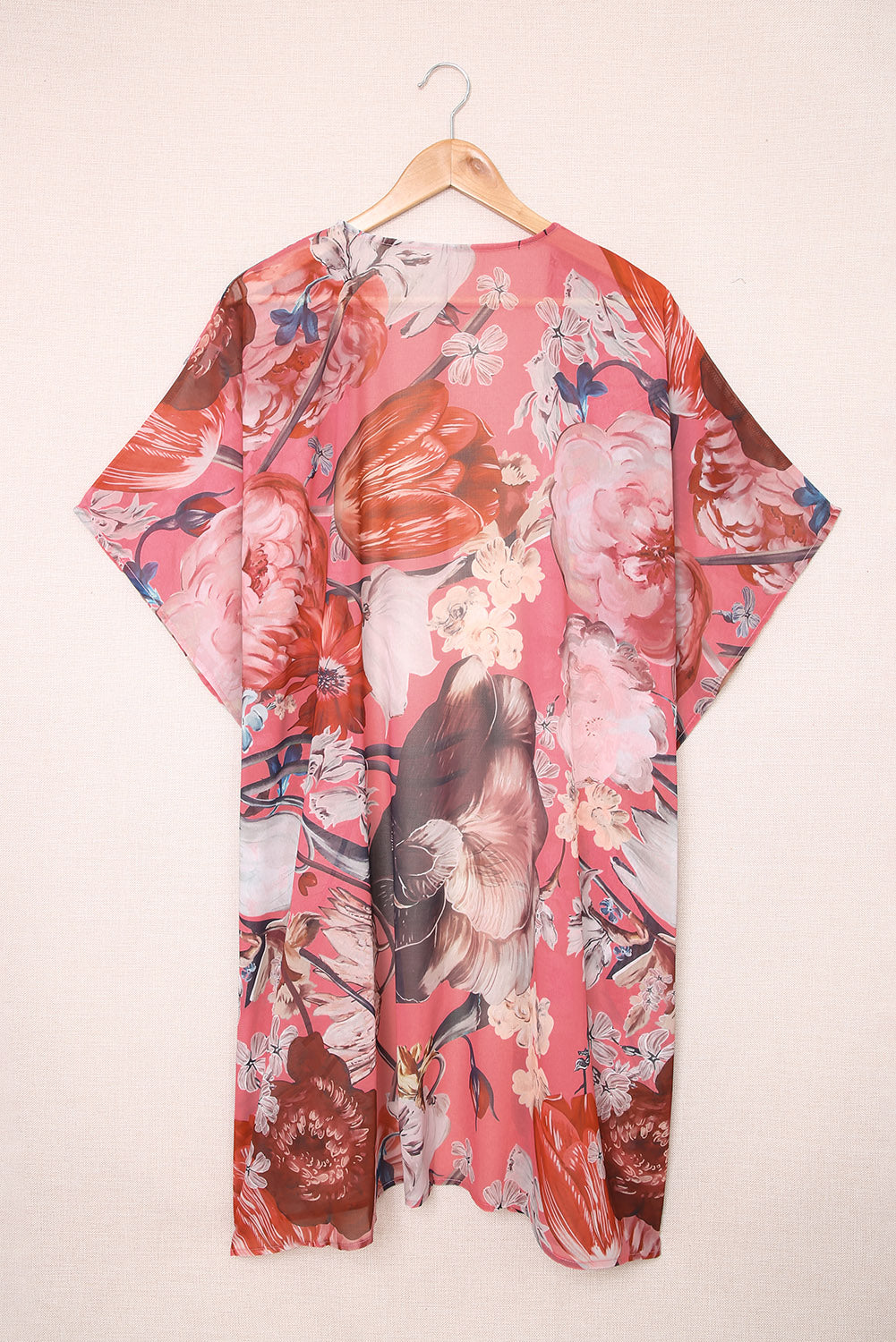 Pink Boho Floral Print Beach Cover up Kimono