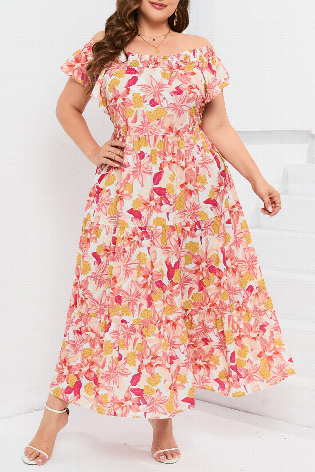 Orange Floral Print Shirred Ruffled Sleeveless Plus Size Dress