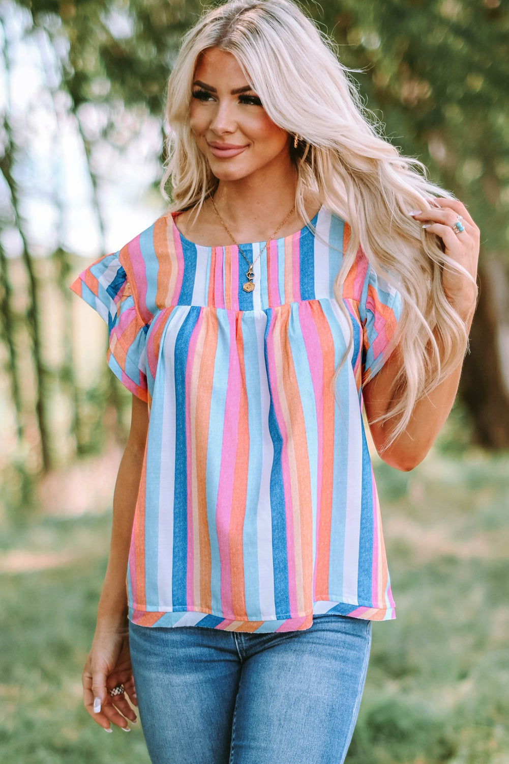 Pink Striped Button Sweetheart Flutter Sleeve Dress