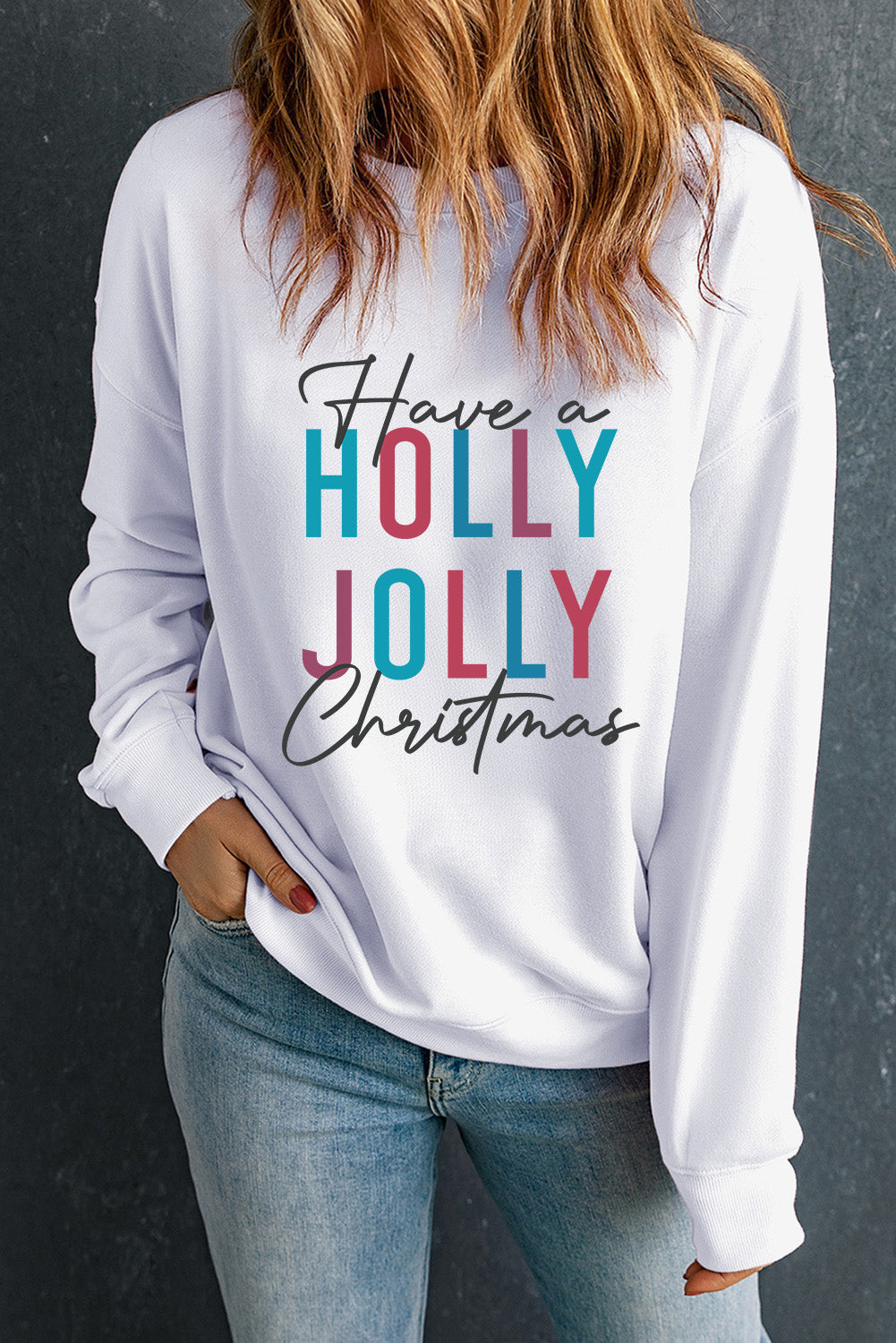 Pink Christmas Jolly Letter Print Pullover Sweatshirt