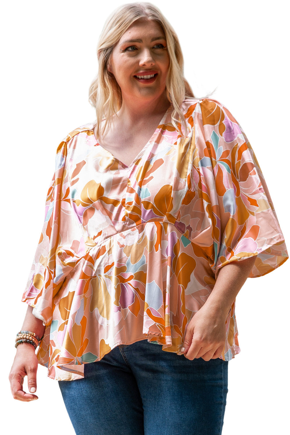 Orange Plus Size Floral Print V Neck Peplum Blouse