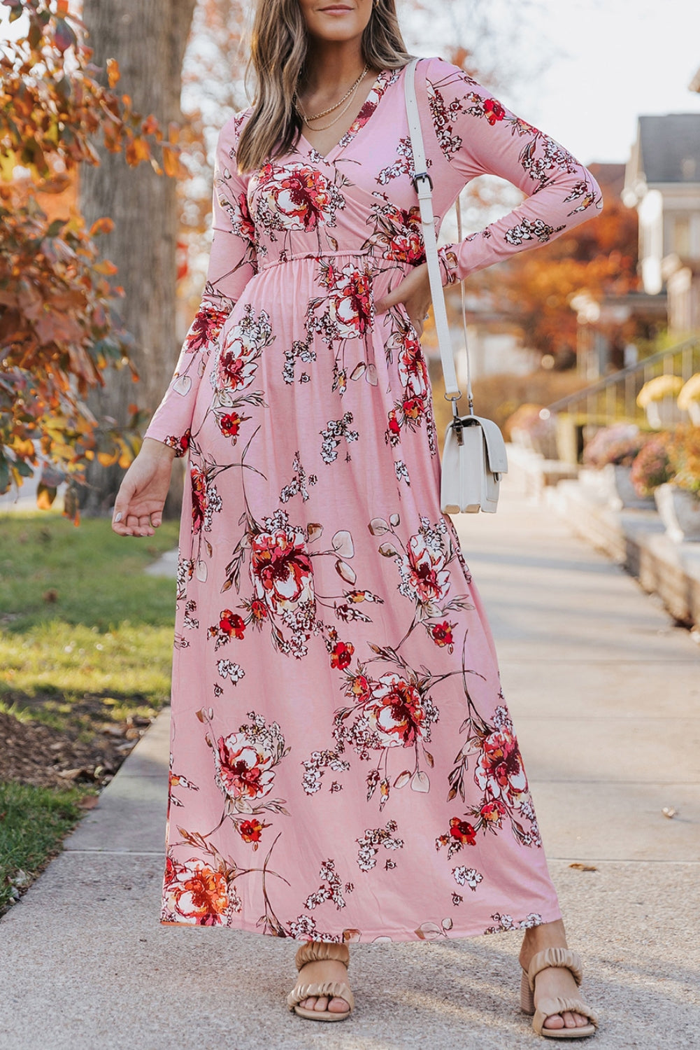 Pink  Wrapped V Neck Floral Long Sleeve Empire Maxi Dress