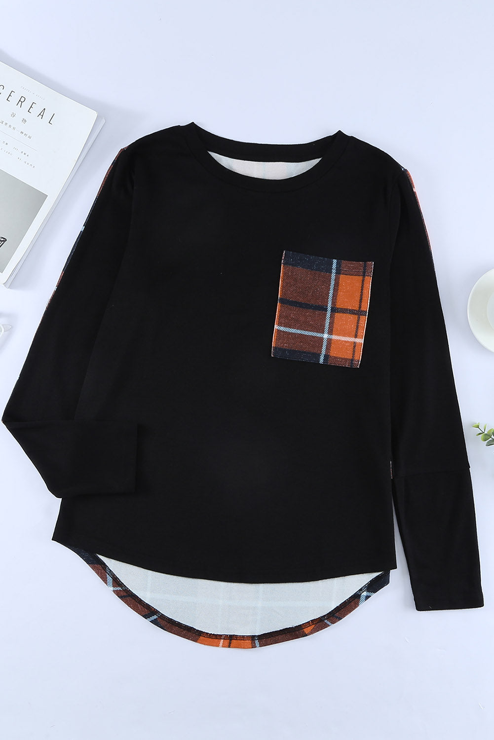 Plaid Patchwork Pocket Long Sleeve Top