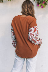 Orange Paisley Contrast Bubble Sleeve Ribbed Top