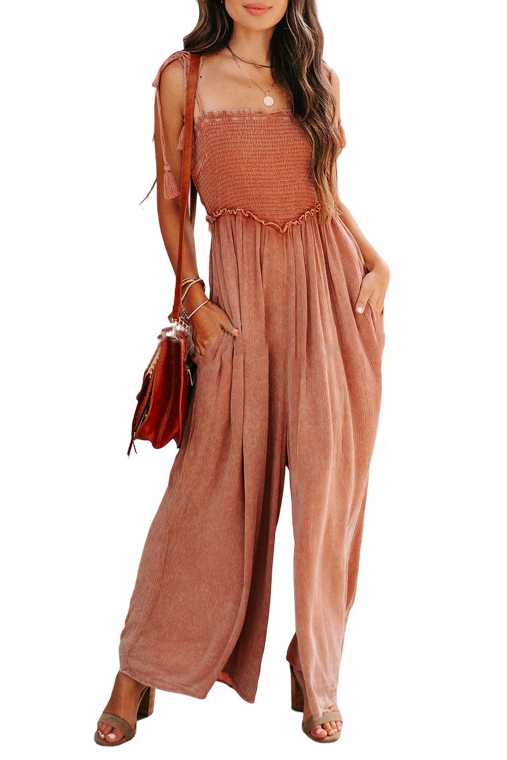 Orange Retro Washed Spaghetti Straps Smocked Wide Leg Jumpsuit