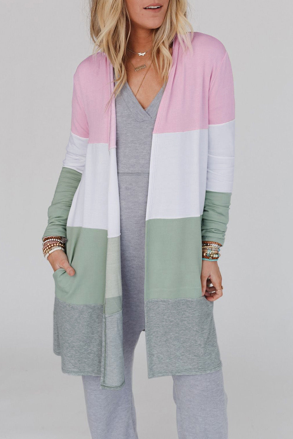 Rosa Strickjacke mit offener Vorderseite und Farbblockdesign in Übergröße