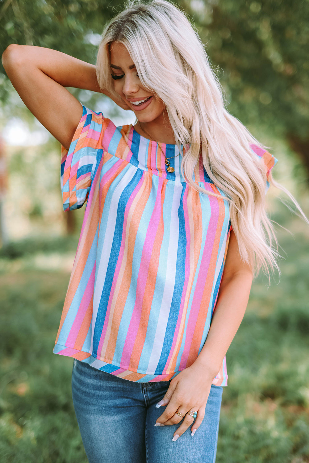 Pink Striped Button Sweetheart Flutter Sleeve Dress