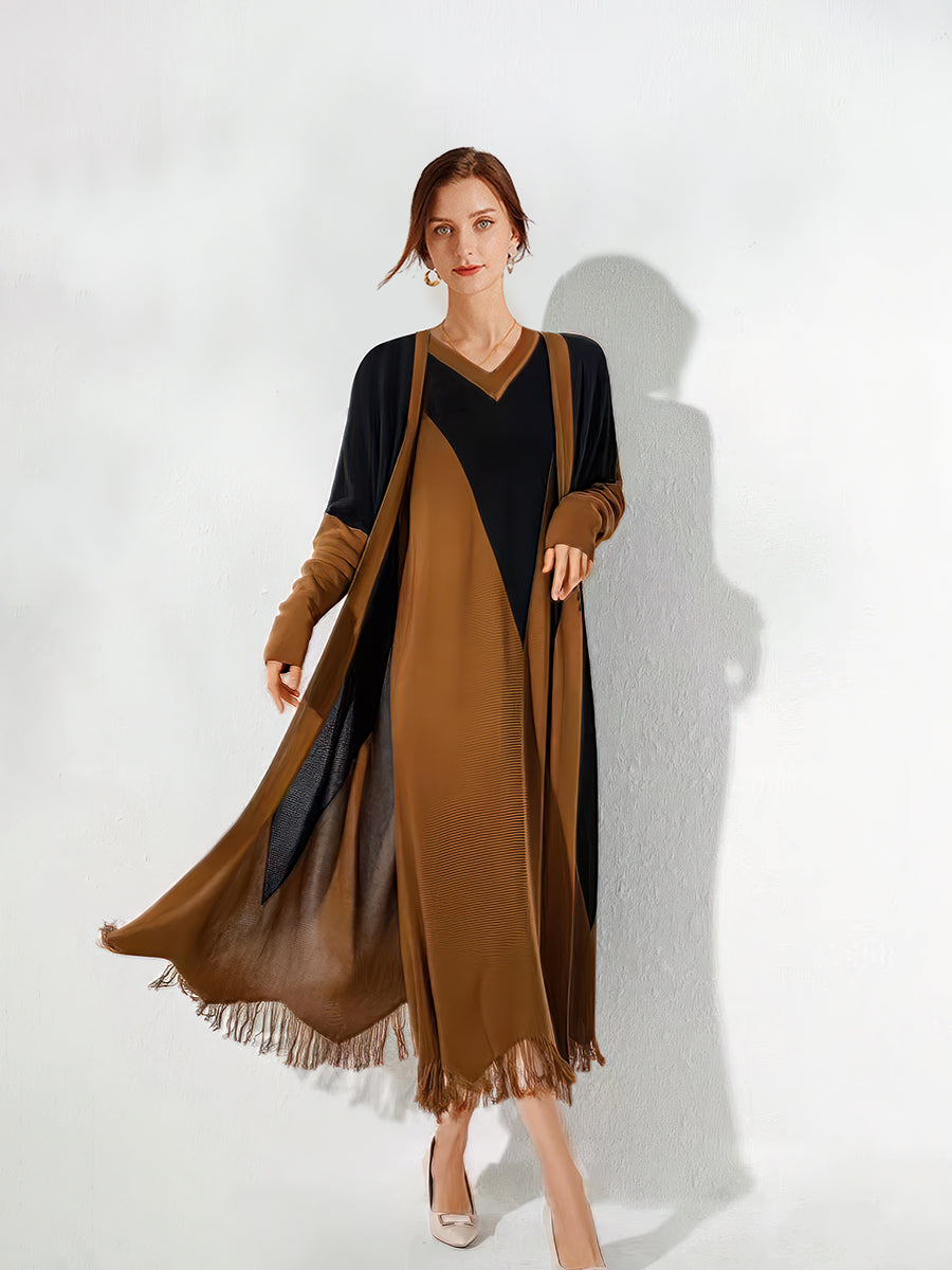 Loose Contrast Color Knitted Long Sleeve Elegant Midi Dress