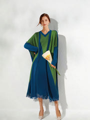 Loose Contrast Color Knitted Long Sleeve Elegant Midi Dress