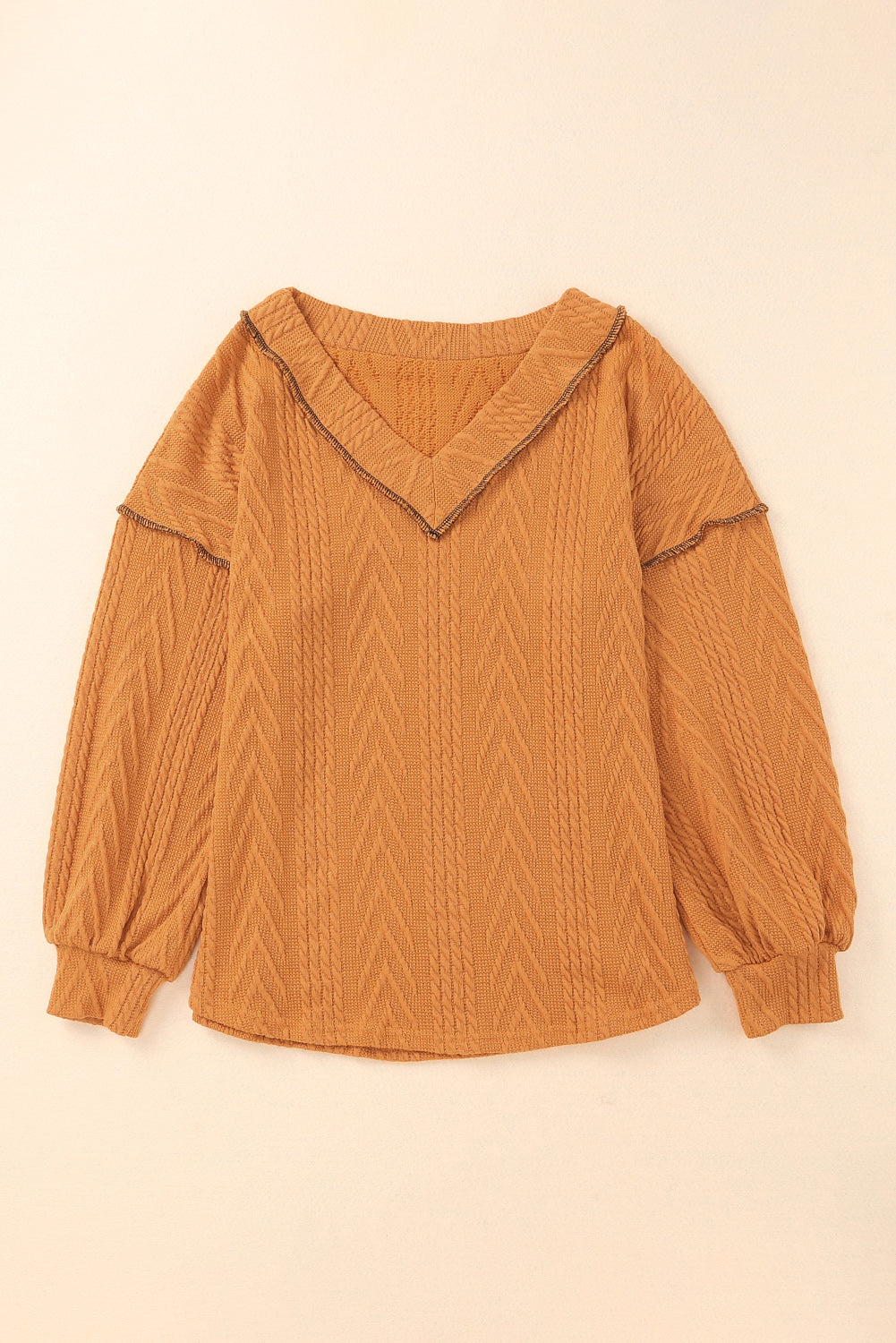 Orange Textured V Neck Long Sleeve Knit Top