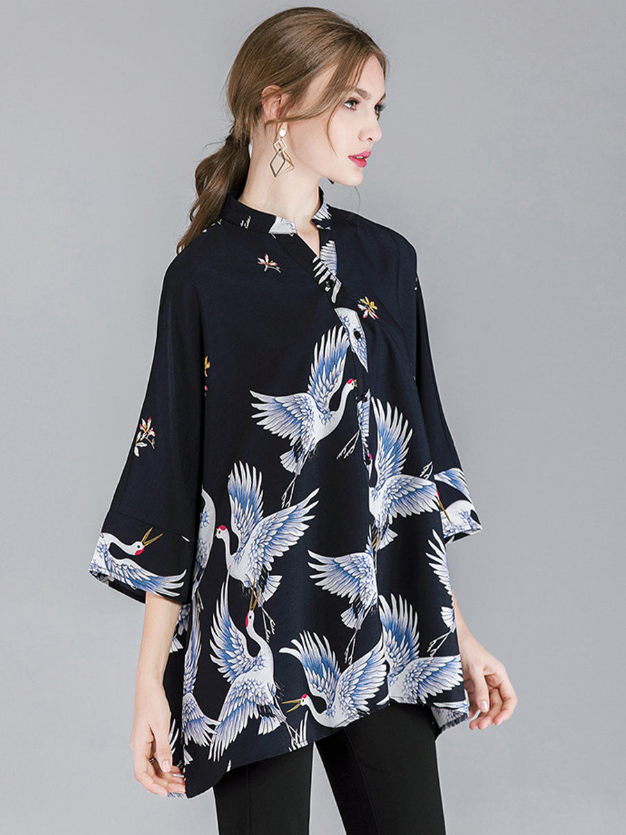 Size Curve Blouses Crane Print Loose Oversized Blouse