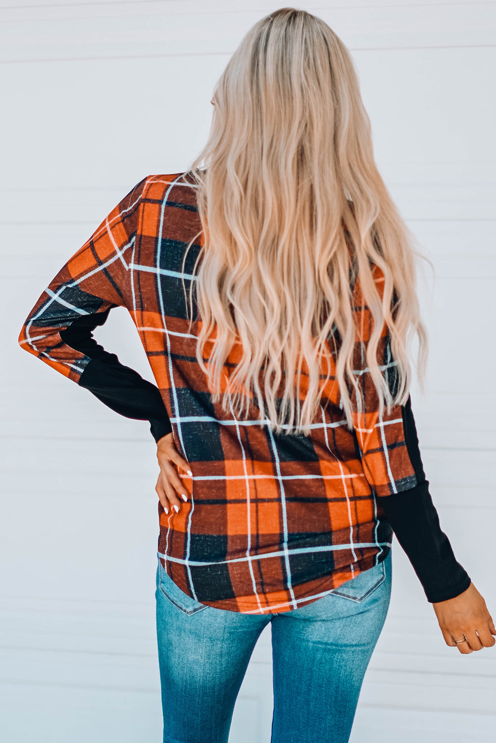 Plaid Patchwork Pocket Long Sleeve Top