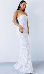 WHITE SEQUIN LACE STRAPLESS MAXI DRESS