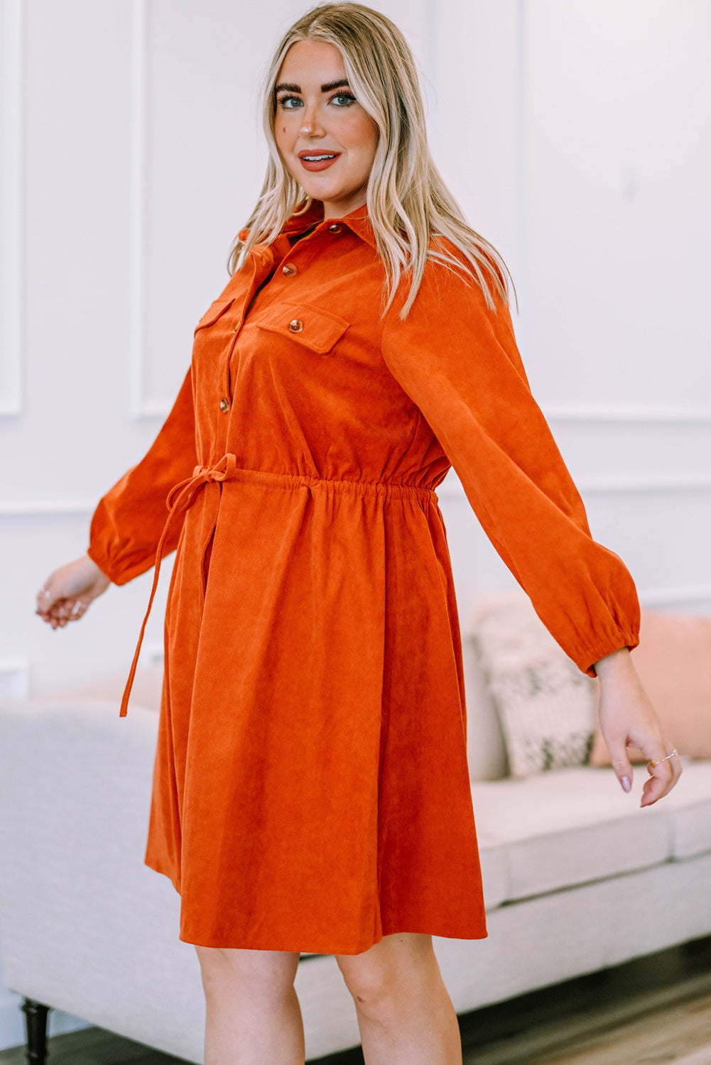 Orange Plus Size High Waist Corduroy Dress