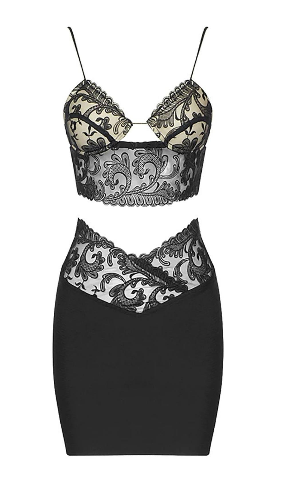 VESTIDO MINI DE DOS PIEZAS CON ENCAJE Y VESTIDO BANDAGE EN NEGRO