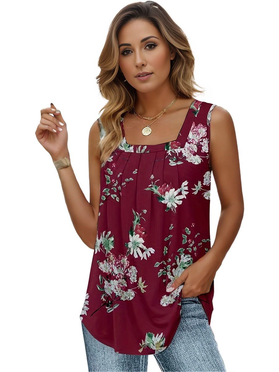 Plus Size Boho Tank Top, Women's Plus Paisley Print Square Neck Medium Stretch Ruched Tank Top