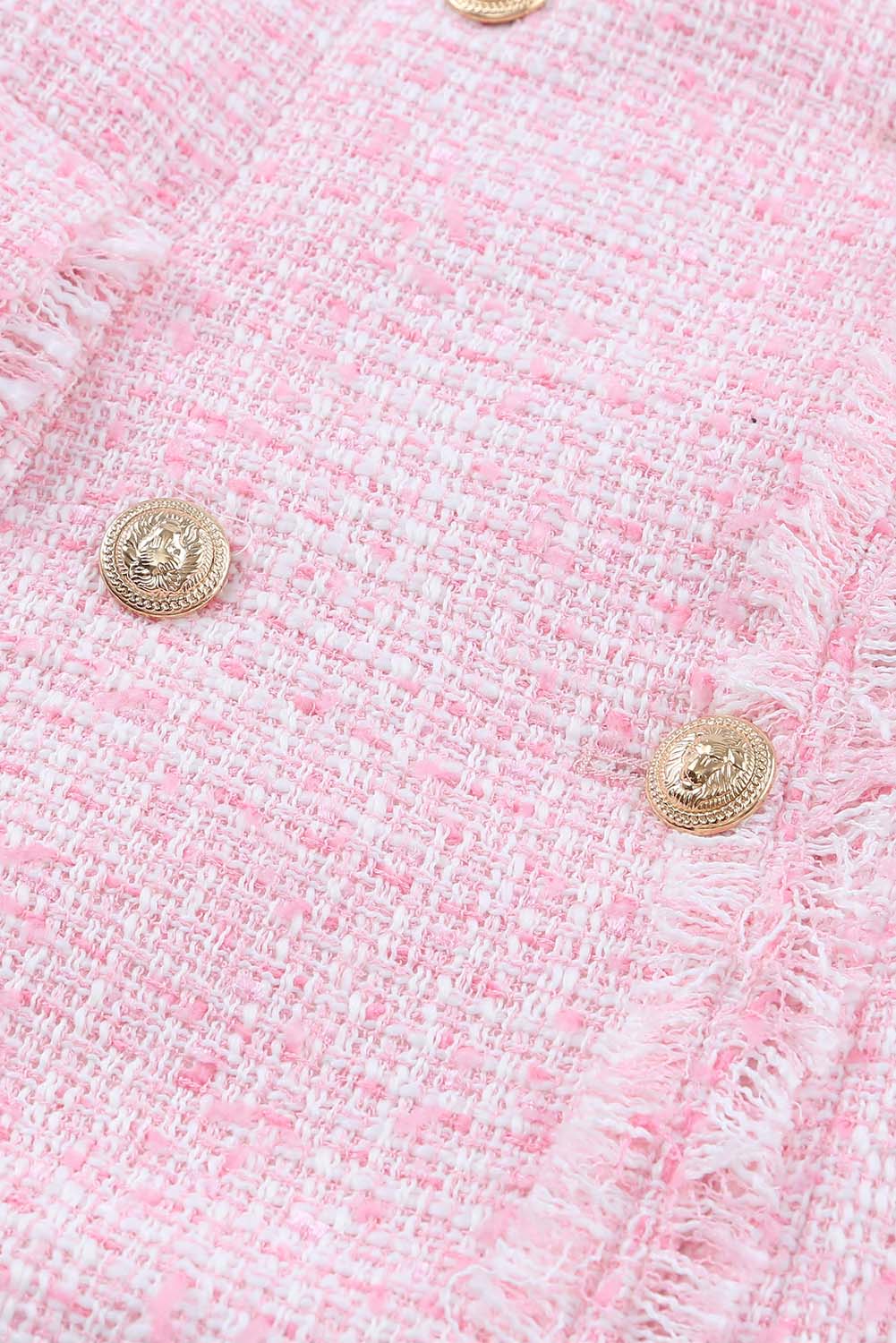Vestido de tweed cruzado con borde deshilachado en color rosa