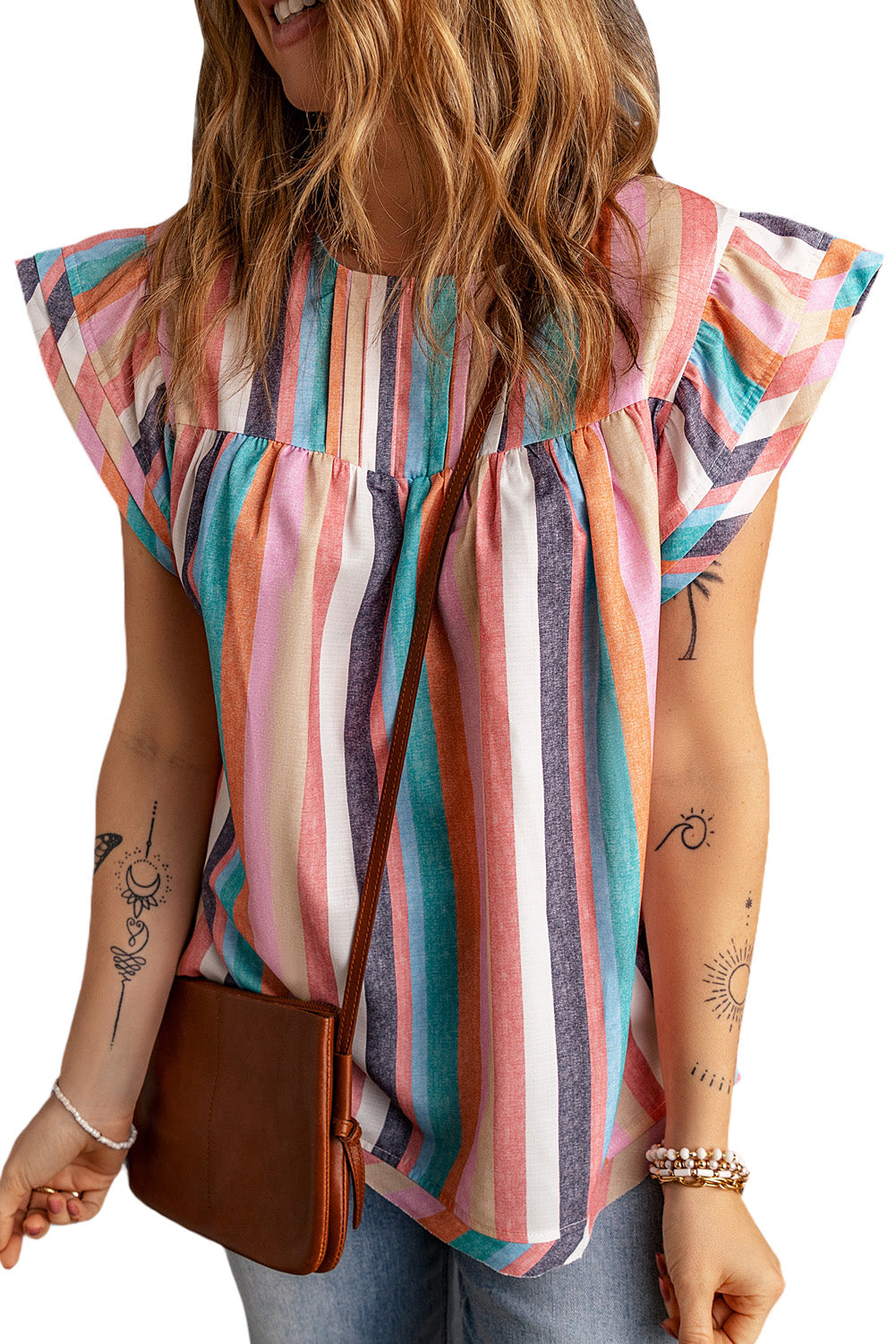 Pink Striped Button Sweetheart Flutter Sleeve Dress
