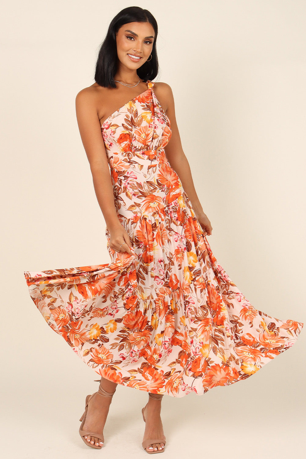 Orange Floral Print Pleated One Shoulder High Waist Maxi Dress