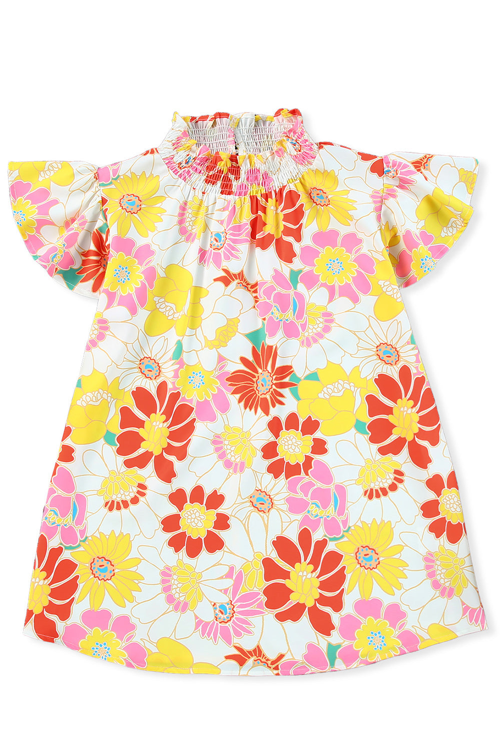 Orange Shirred Neck Summer Floral Dress