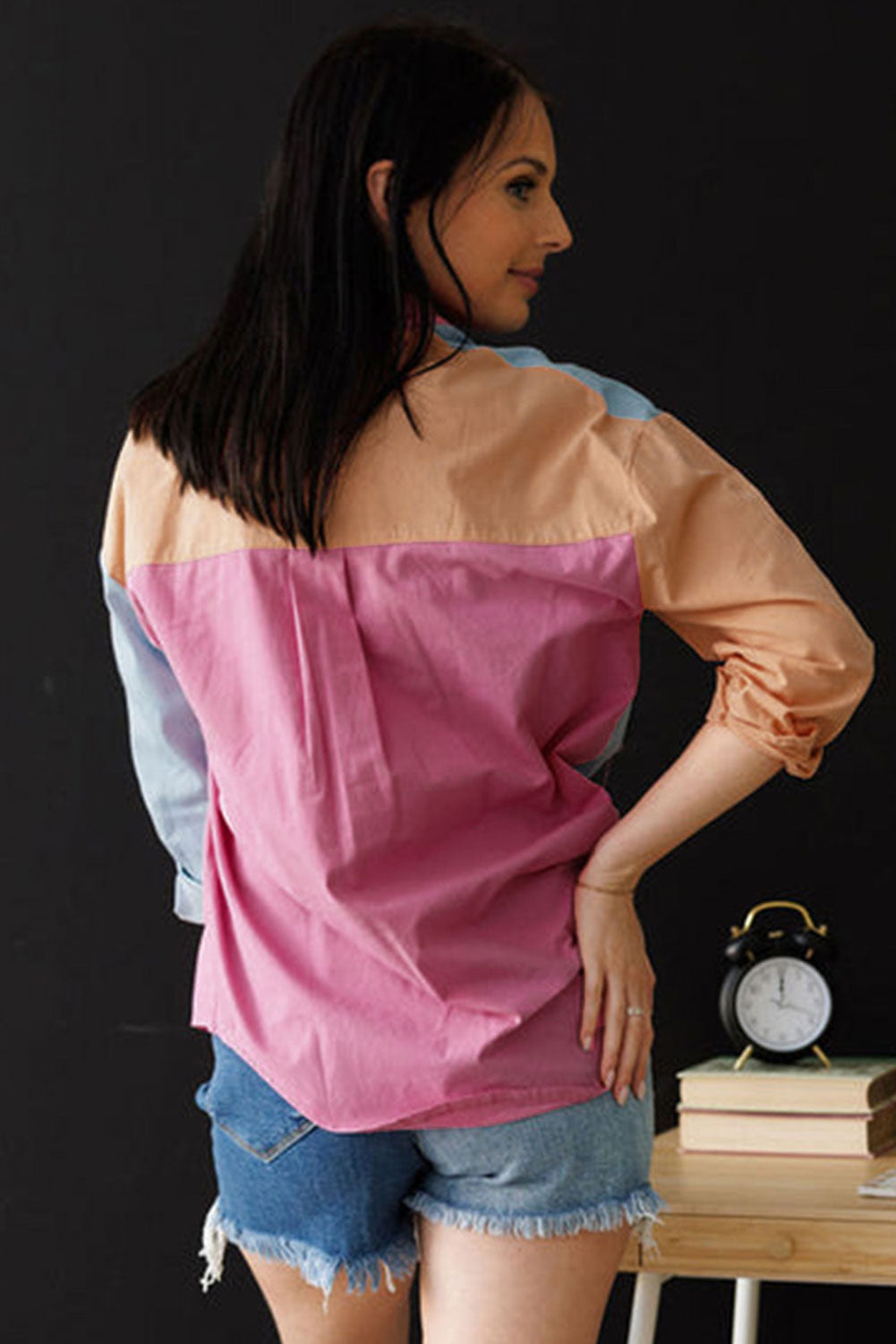 Pink Color Block Chest Pockets Plus Size Shirt