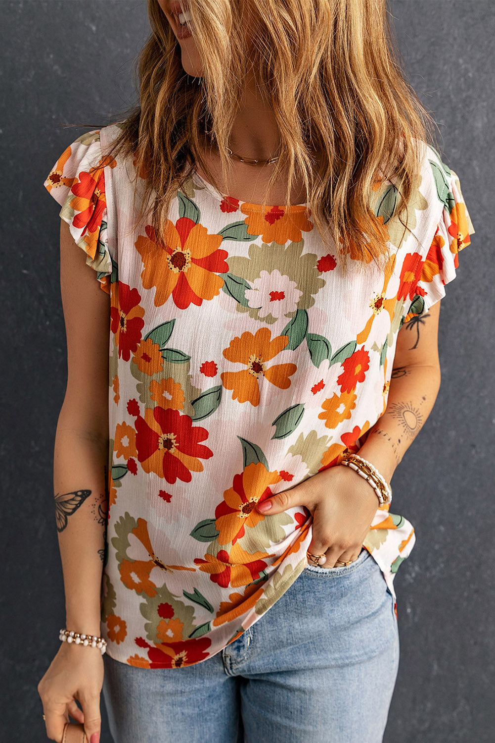 Pink Floral Print Ruffled Flutter Sleeve Blouse