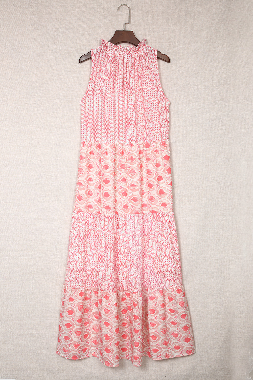 Pink Abstract Print Split Neck Sleeveless Maxi Dress