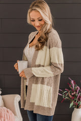 Parchment Color Block Textured Knit Open Front Cardigan