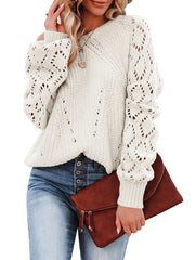 Plus Size Casual Sweater, Women's Plus Solid Eyelet Embroidered Lantern Sleeve Round Neck Slight Stretch Sweater