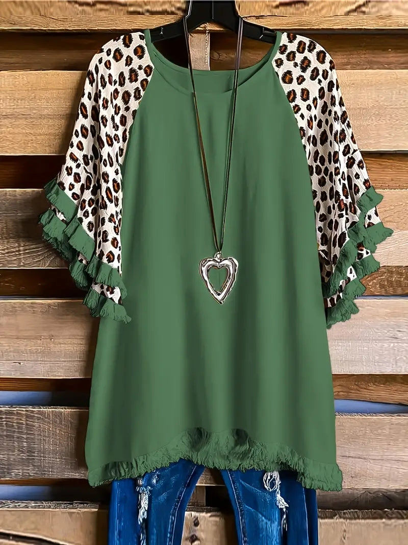 Plus Size Boho T-shirt, Women's Plus Colorblock Leopard Print Tassel Trim Round Neck Tee