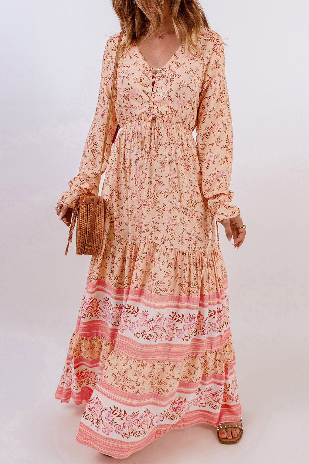 Orange Drawstring Lace-up V Neck Long Sleeve Floral Maxi Dress