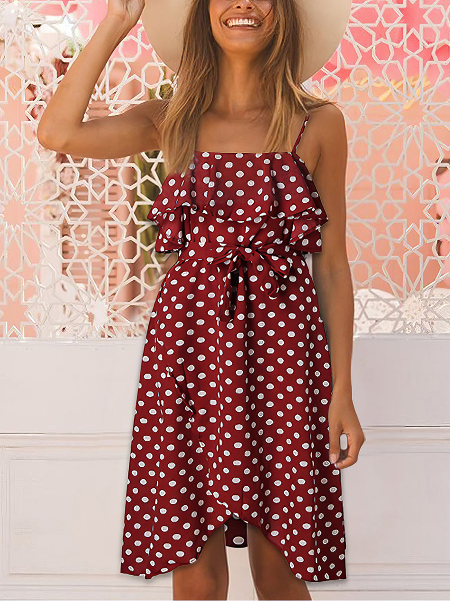 Strap Ruffle Trim Polka Dot Mini Dress