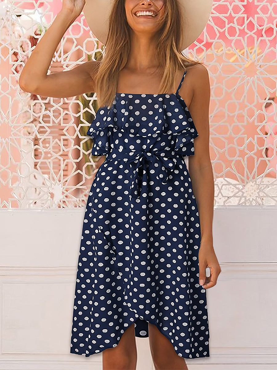 Strap Ruffle Trim Polka Dot Mini Dress