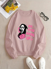 Plus Size Halloween Casual Sweatshirt, Women's Plus Skull & Slogan Print Long Sleeve Round Neck Slight Stretch Sweatshirt