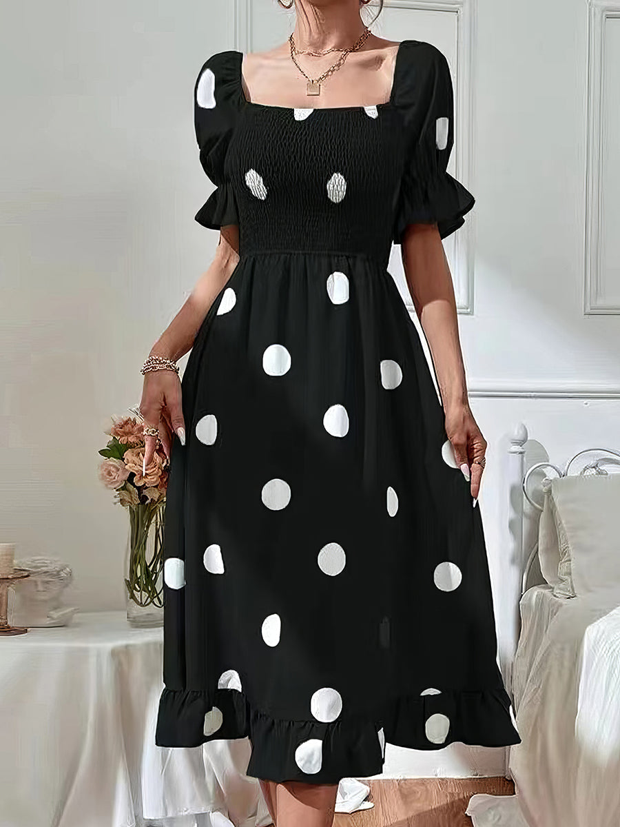 Polka Dot Print Puff Sleeve Frill Midi Dress